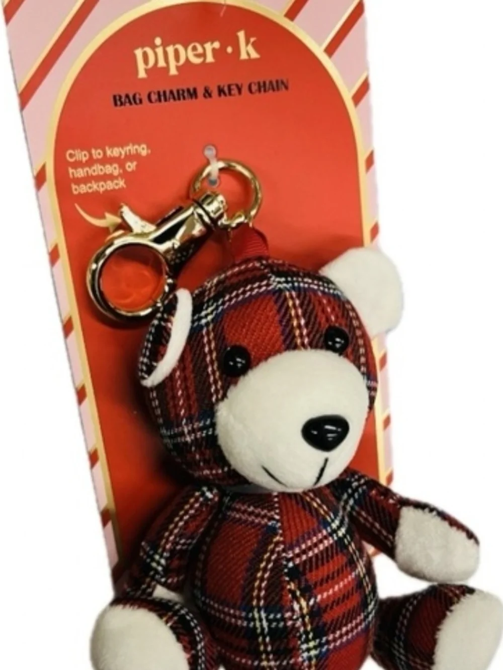❤️▪️Piper K ▪️ Red Plaid Teddy Bear Bag Charm with Gold Clip